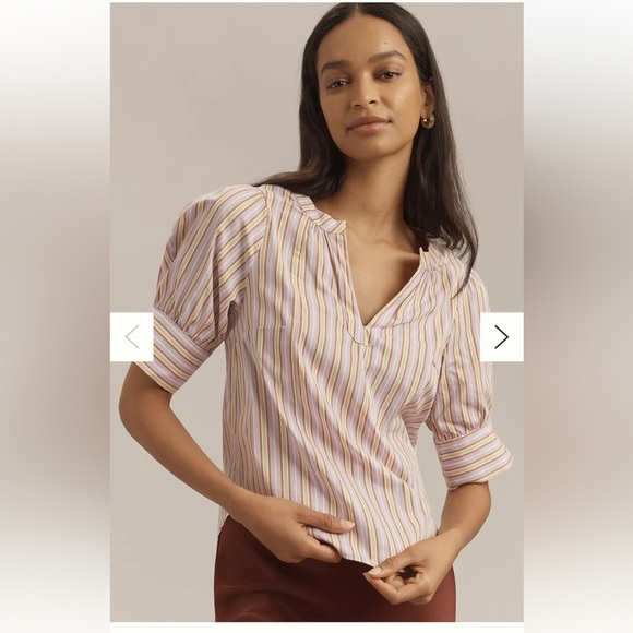 Maeve Tops - Maeve Puff Sleeve V Neck Stripe Blouse Lavender